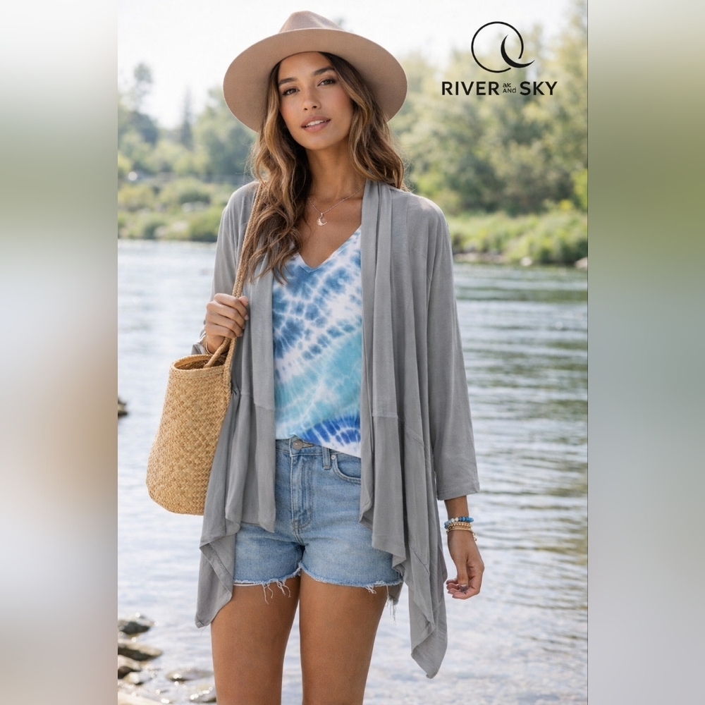River + Sky Mixed Up Wrap Cardigan Shadowland Gray Draped Open Front NWT S/M